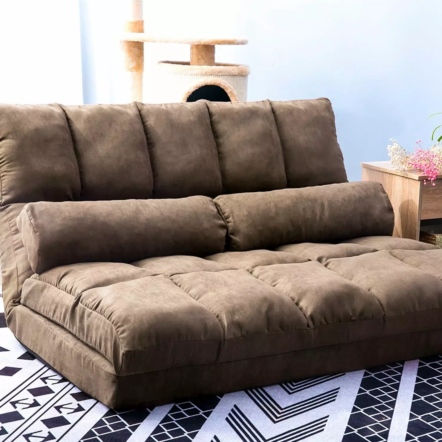 Homiyad Double Chaise Lounge Sofa Floor Couch Two Pillows Brown