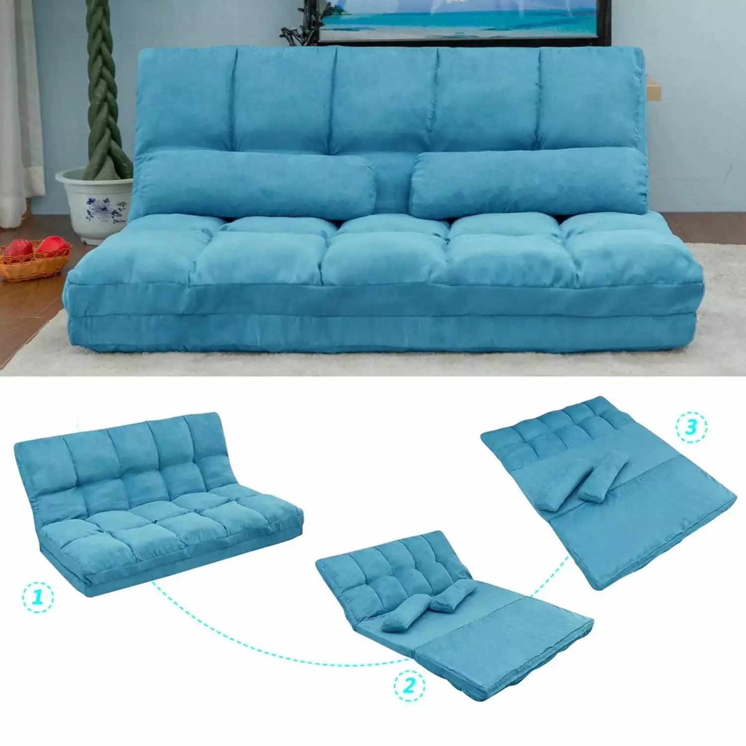 Living Pavilion Double Chaise Lounge Sofa Floor Couch Two Pillows - Blue