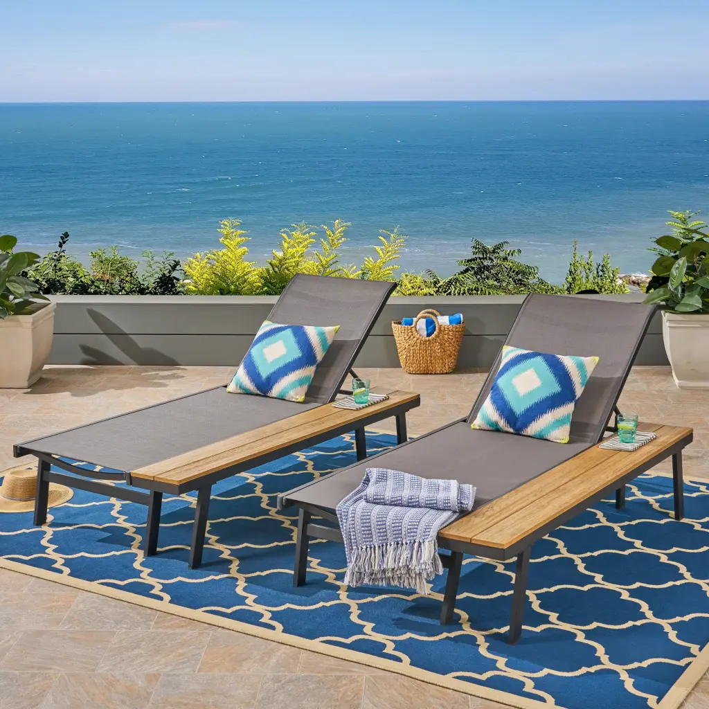 Waterloo Chaise Lounge Attached Wood Side Table Grey Black Nylon Outdoor Furniture nh-kisa