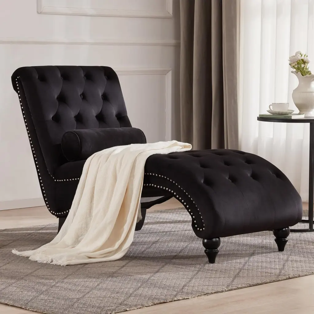 Button Tufted Chaise Lounge Solid Wood Legs and Substantial Pillows Indoor Use xichen indoor furniture co.- ltd