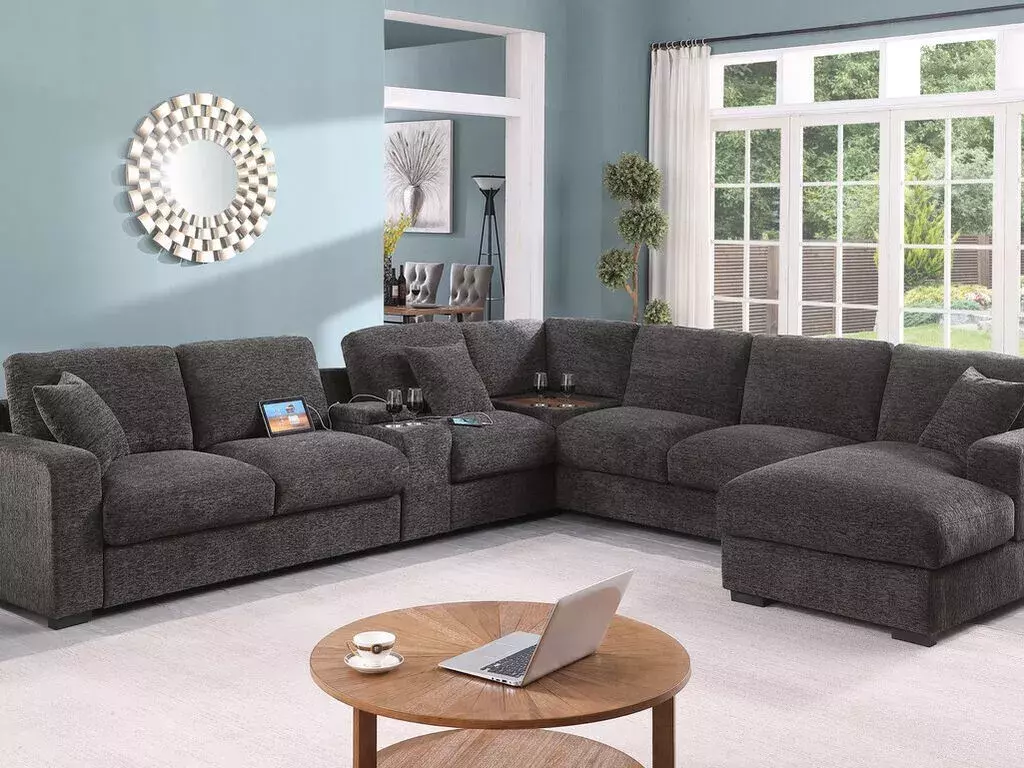 Modern Living Room 6pc Gray Chenille Modular Sectional Set Right Facing Chaise Cupholders and Console Storage Esofastore