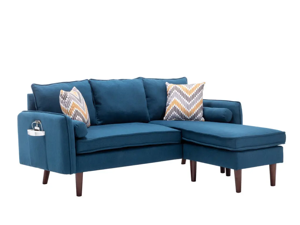 Mia 70 Inch Blue Sectional Sofa Chaise USB Charger & Pillows Blue Linen lilola home