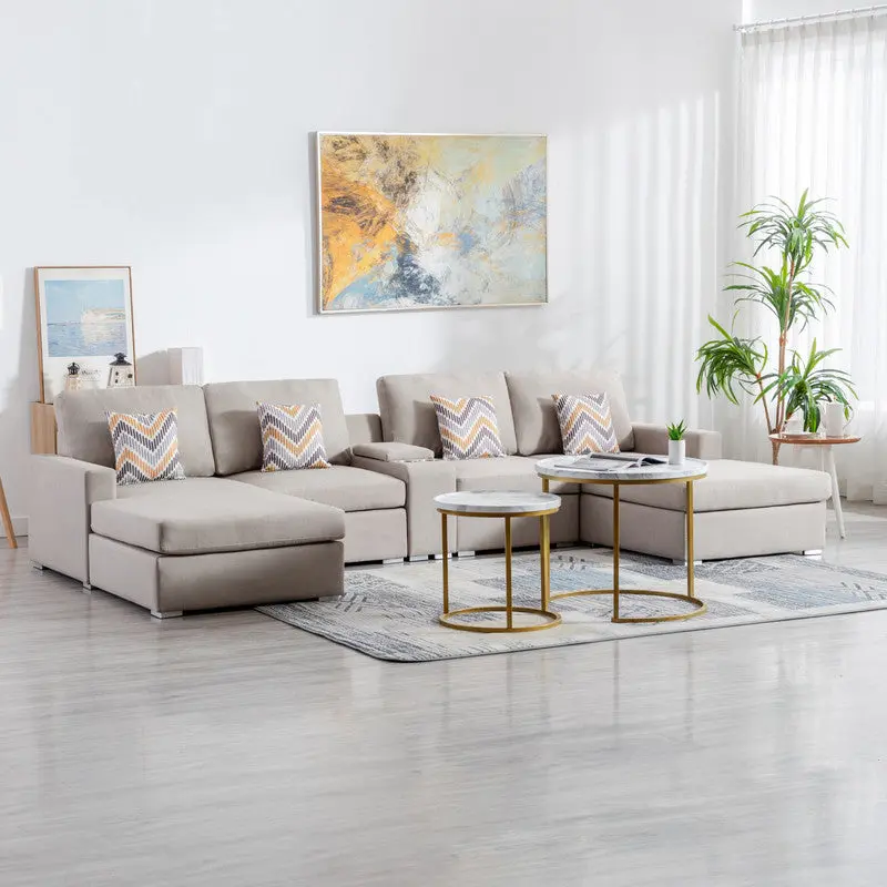 Nolan 135 Inch Beige Linen Fabric 5Pc Double Chaise Sectional Sofa lilola home
