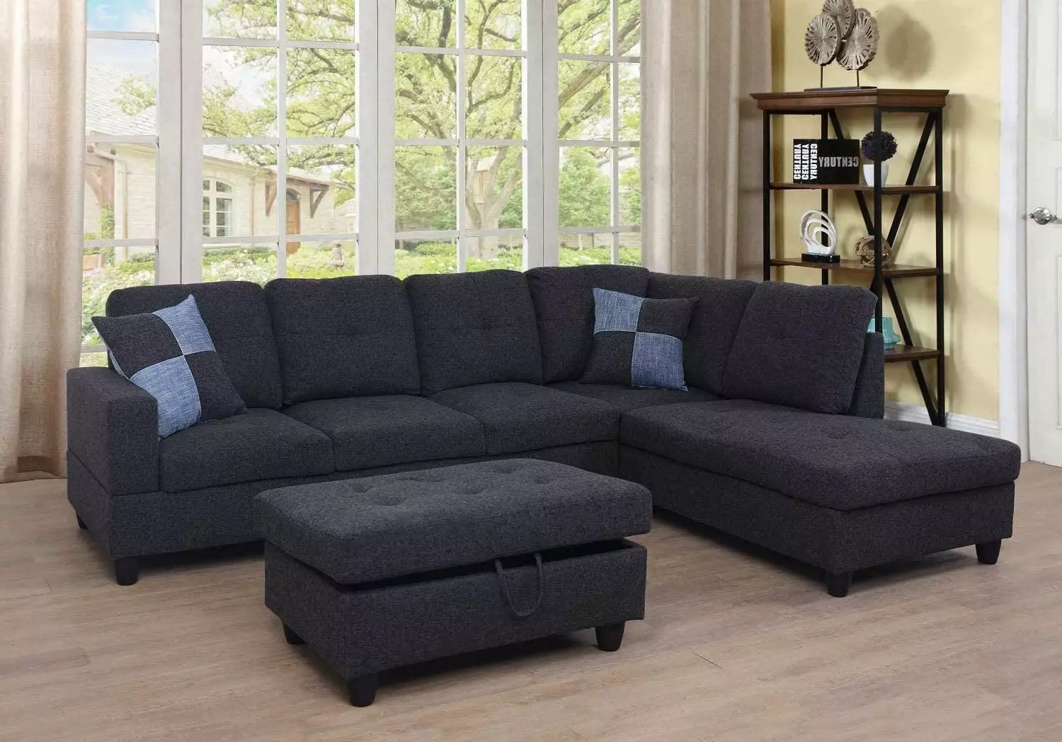 Gunnar 103 Wide Linen Right Hand Facing Sofa & Chaise Ottoman Black Grey F125B Pon Living Furniture Inc