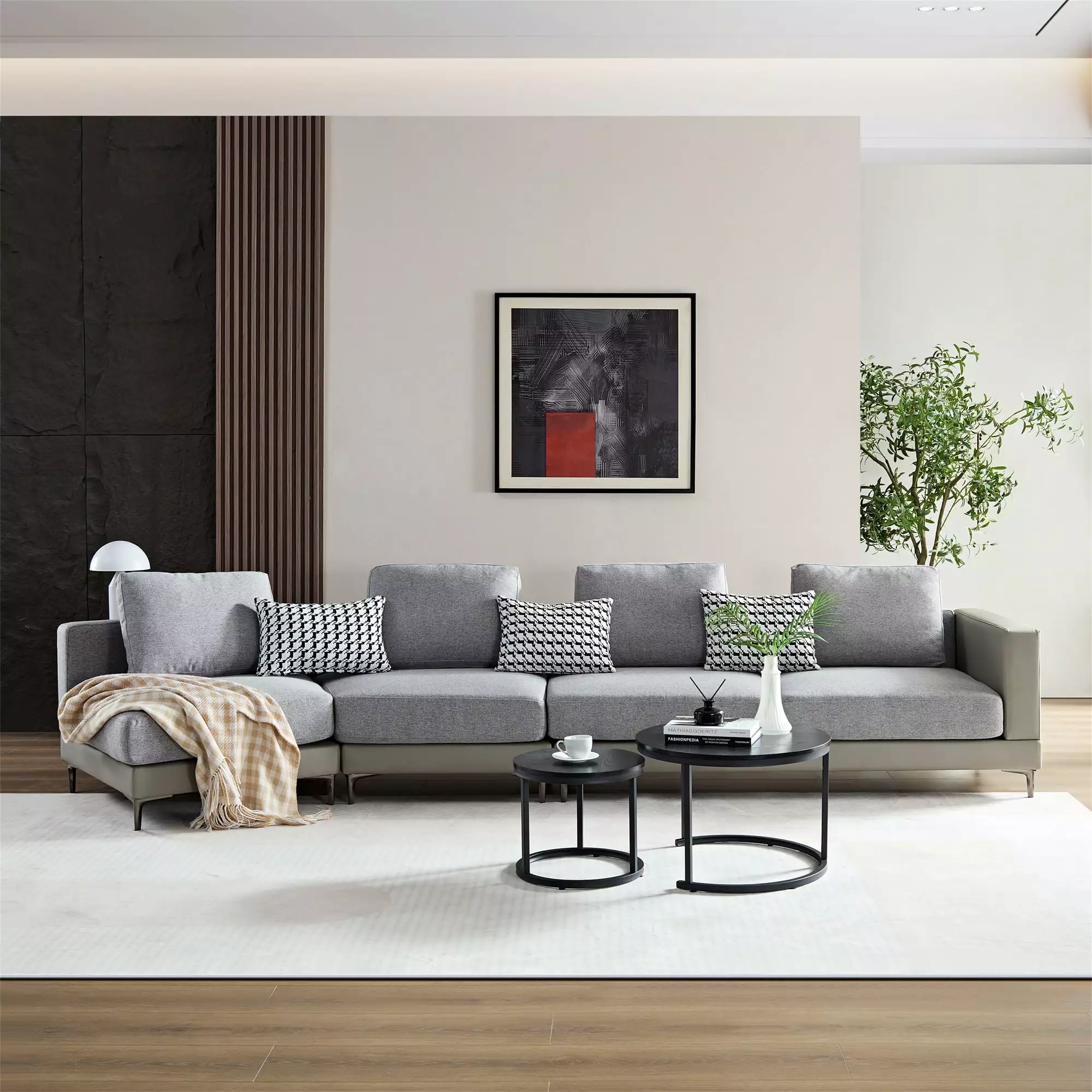 Modern 4 Seater Sectional Sofa Chaise Lounge 3 Throw Pillows and 4 Cushions Beige Gray Stufurhome
