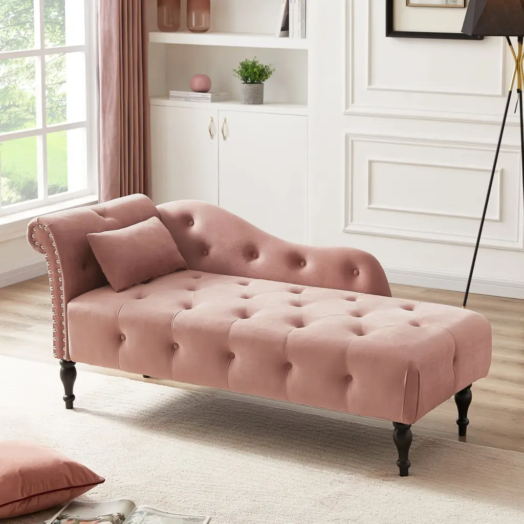 Aijia 60.6 Inch Velvet Chaise Lounge Buttons Tufted Trim and Solid Wood Leg aijiafurniture