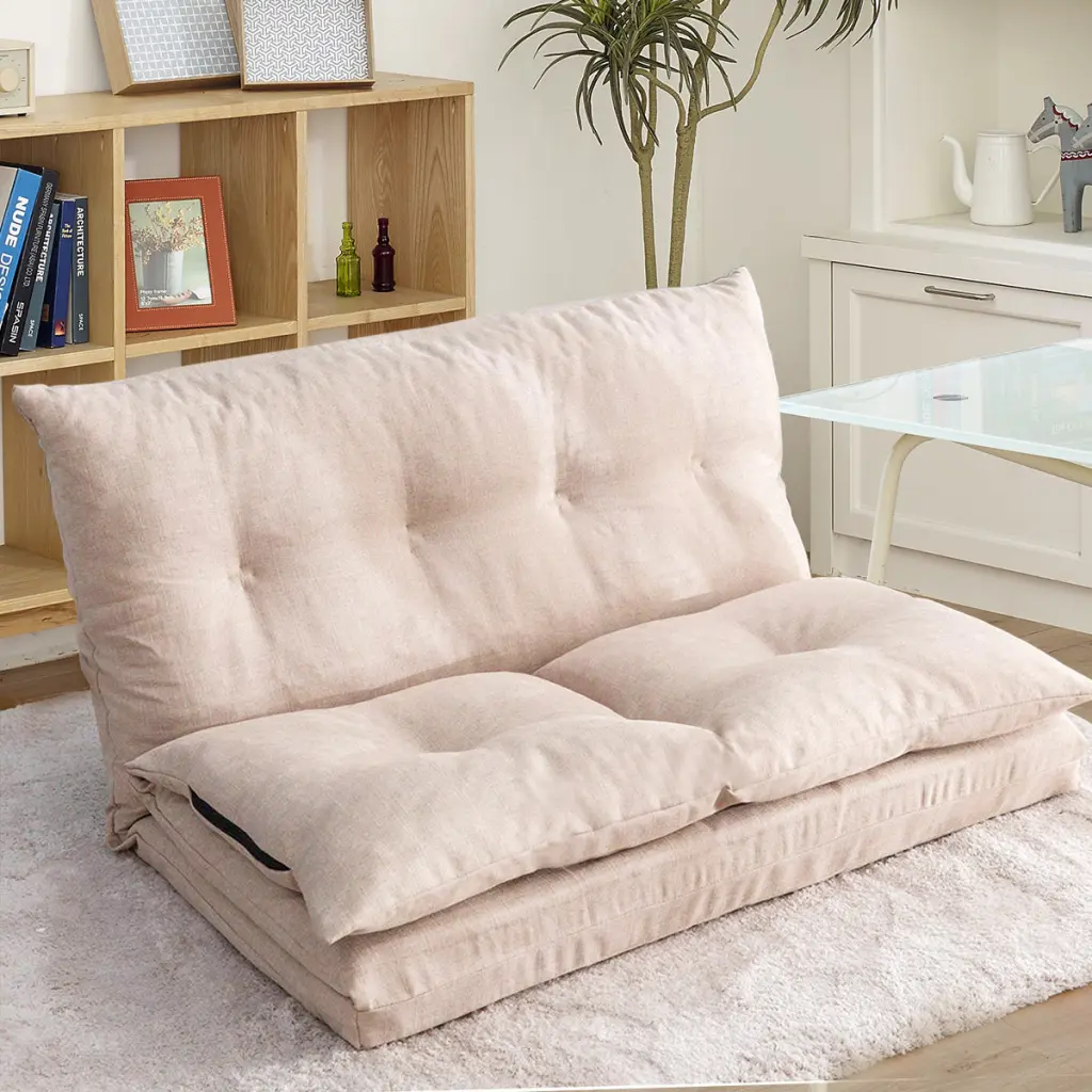 Adjustable Fabric Folding Chaise Lounge Sofa Floor Couch Beige lucky furniture