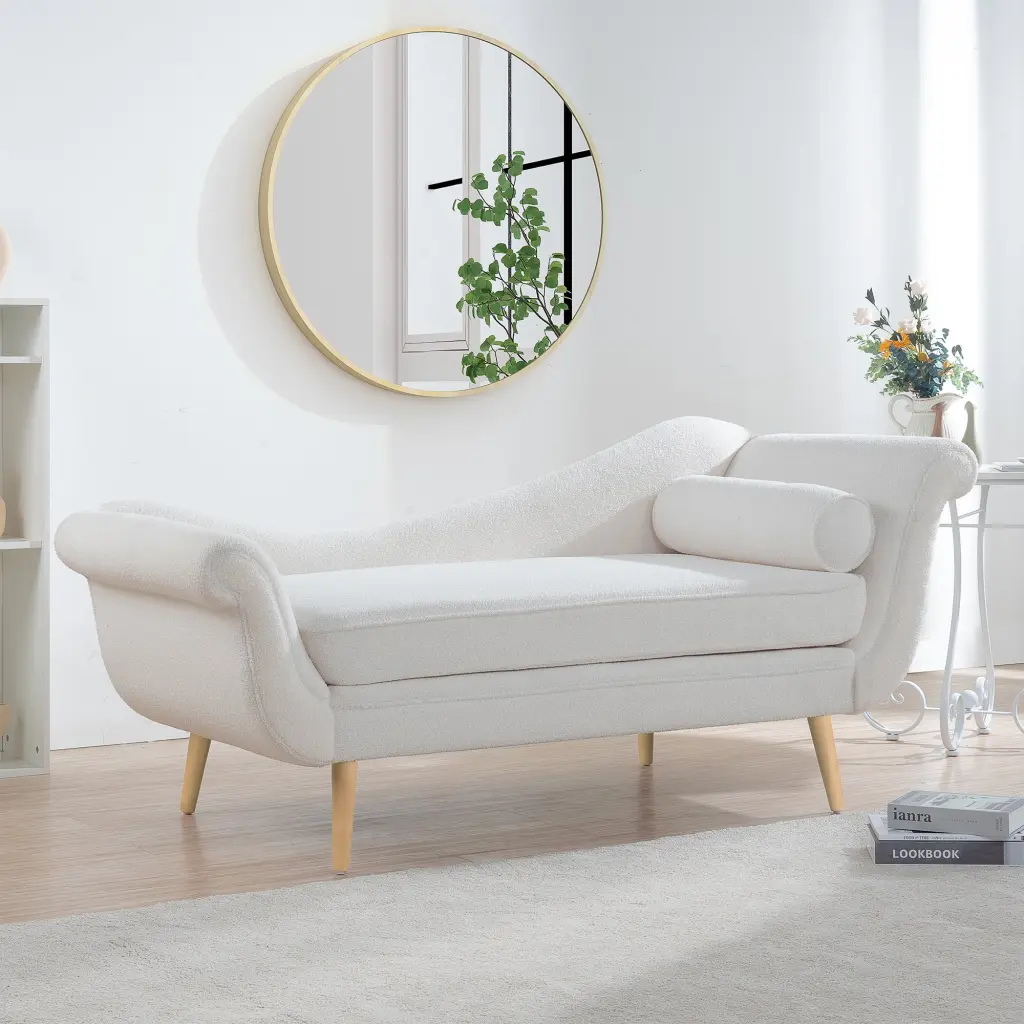 Chaise Lounge Scroll Arms White Fabric rnb
