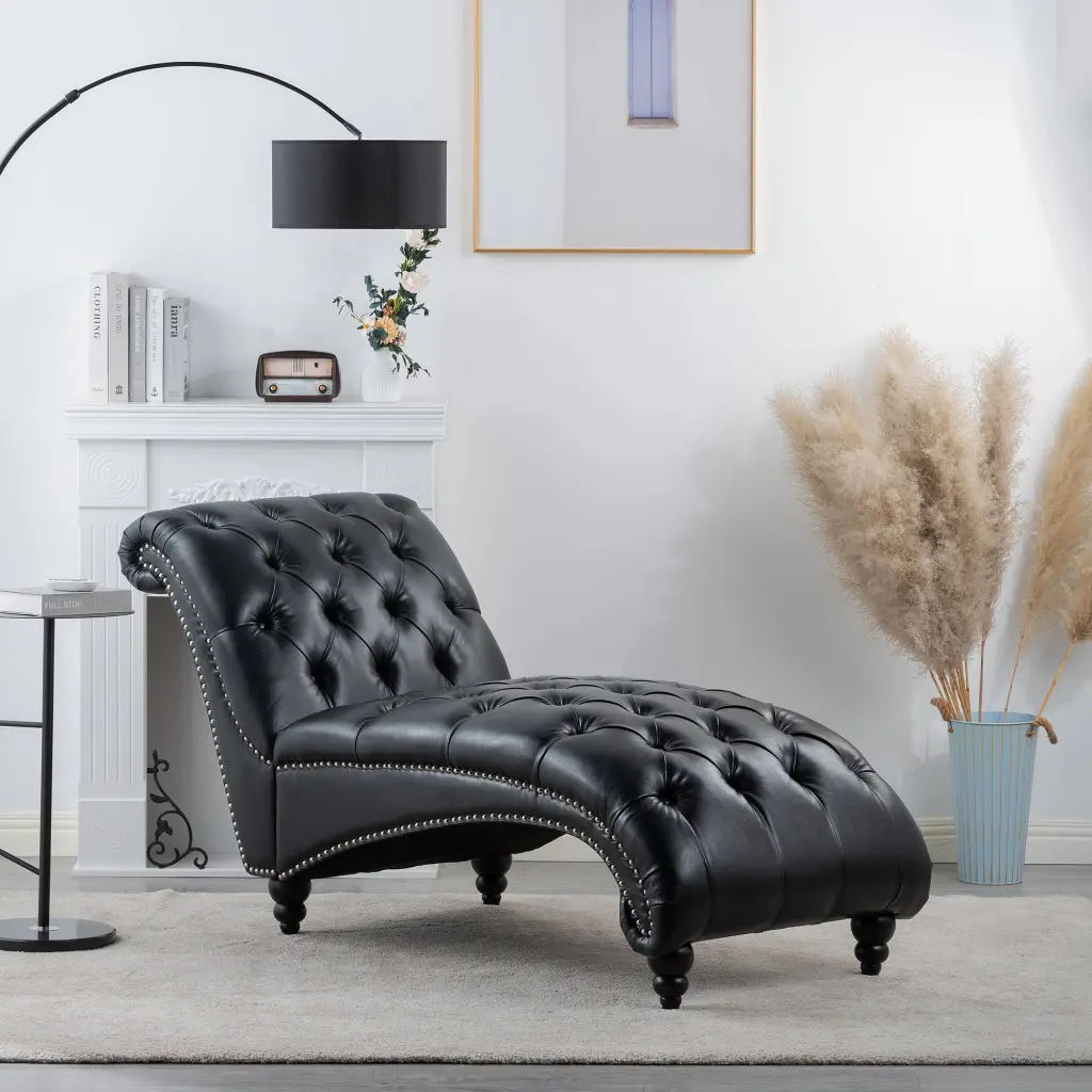 Tufted Armless Chaise Lounge Black PU Leather rnb