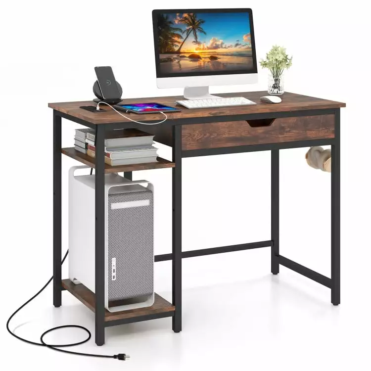 Resenkos Computer Desk Charging Station and Drawer Adjustable Shelf Rustic Brown