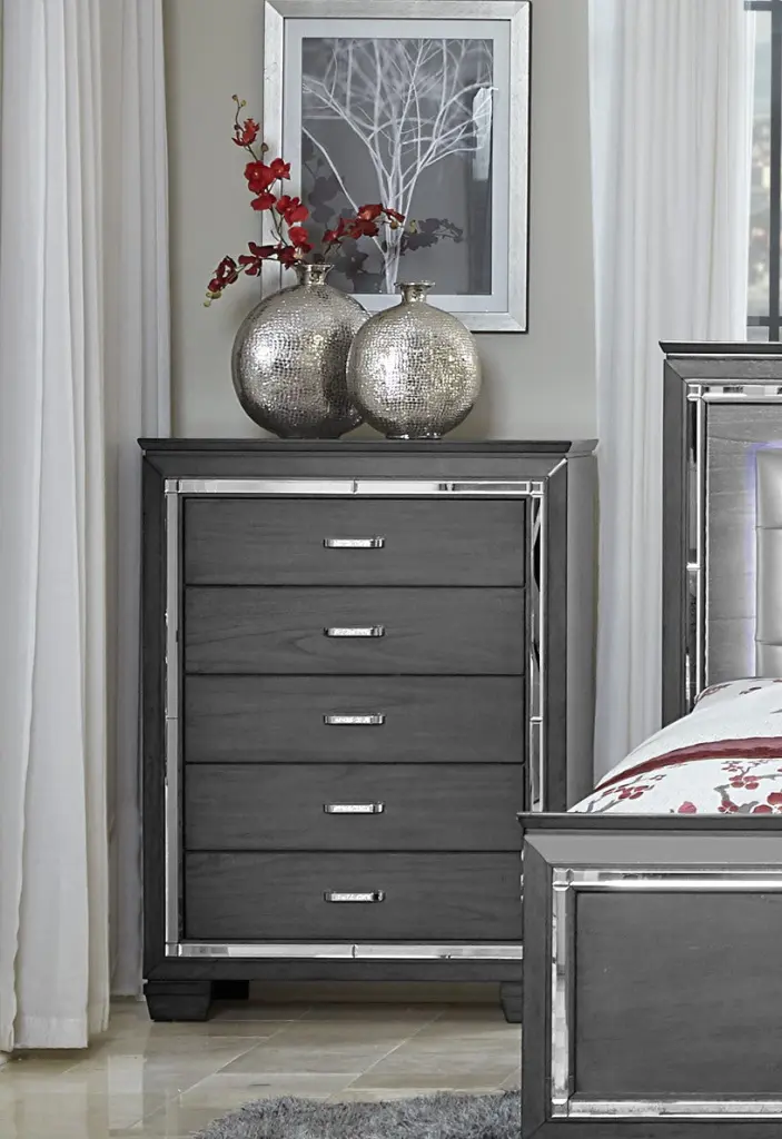 Modern Bedroom Gray Finish 1Pc Chest 5X Dovetail Drawers Beveled Mirror kanepe