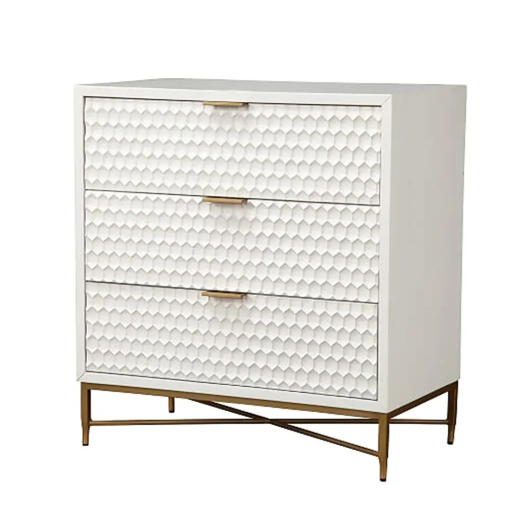 Honeycomb Design 3 Drawer Chest Metal Legs Small White Wood royal hampton