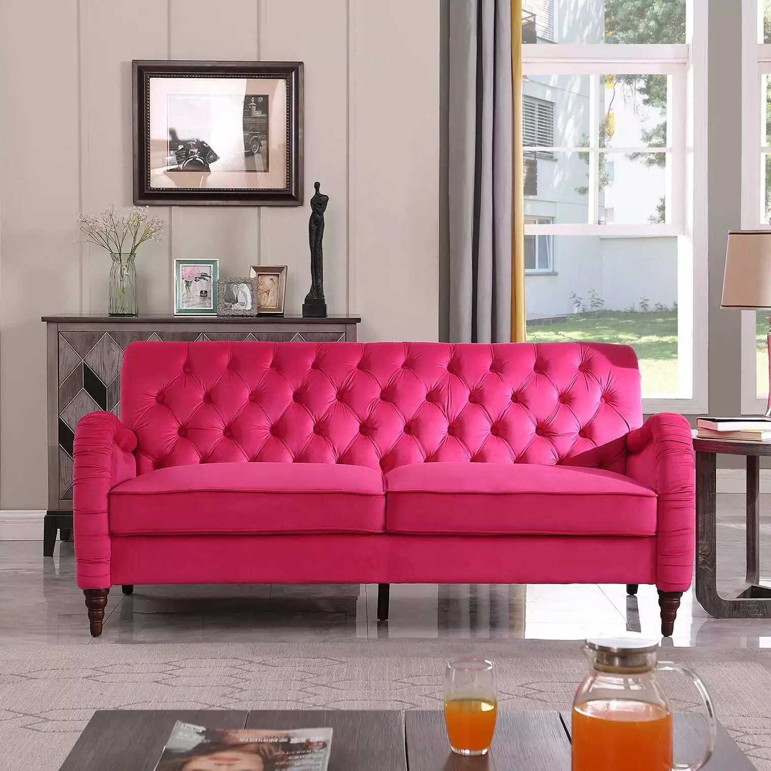 Rose Red Chesterfield Style 3-Seater Modern Sofa Classic Tufted Living Room Centerpiece CNCJ