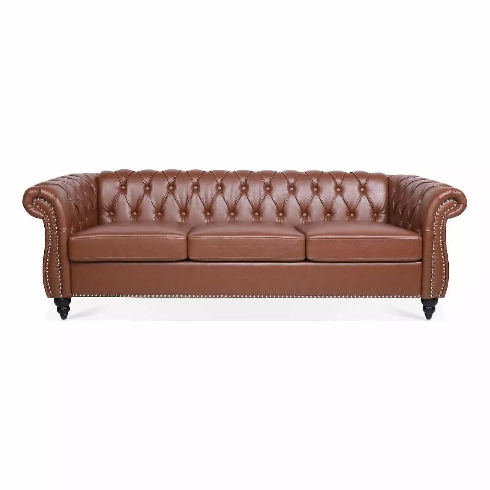 CRO Decor 84 Inch Brown PU Rolled Arm Chesterfield Three Seater Sofa - Classic Design