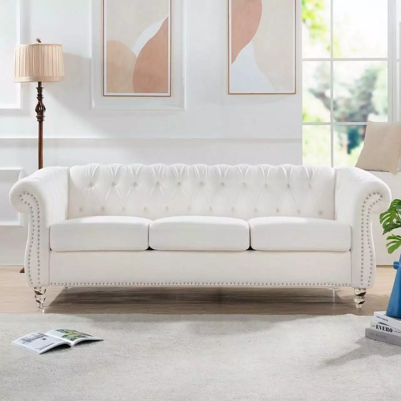 Luxurious 84.65-inch Chesterfield 3 Seater Sofa - White Polyester Finish Silver Studs Trim and High-Density Sponge HATNOKIL