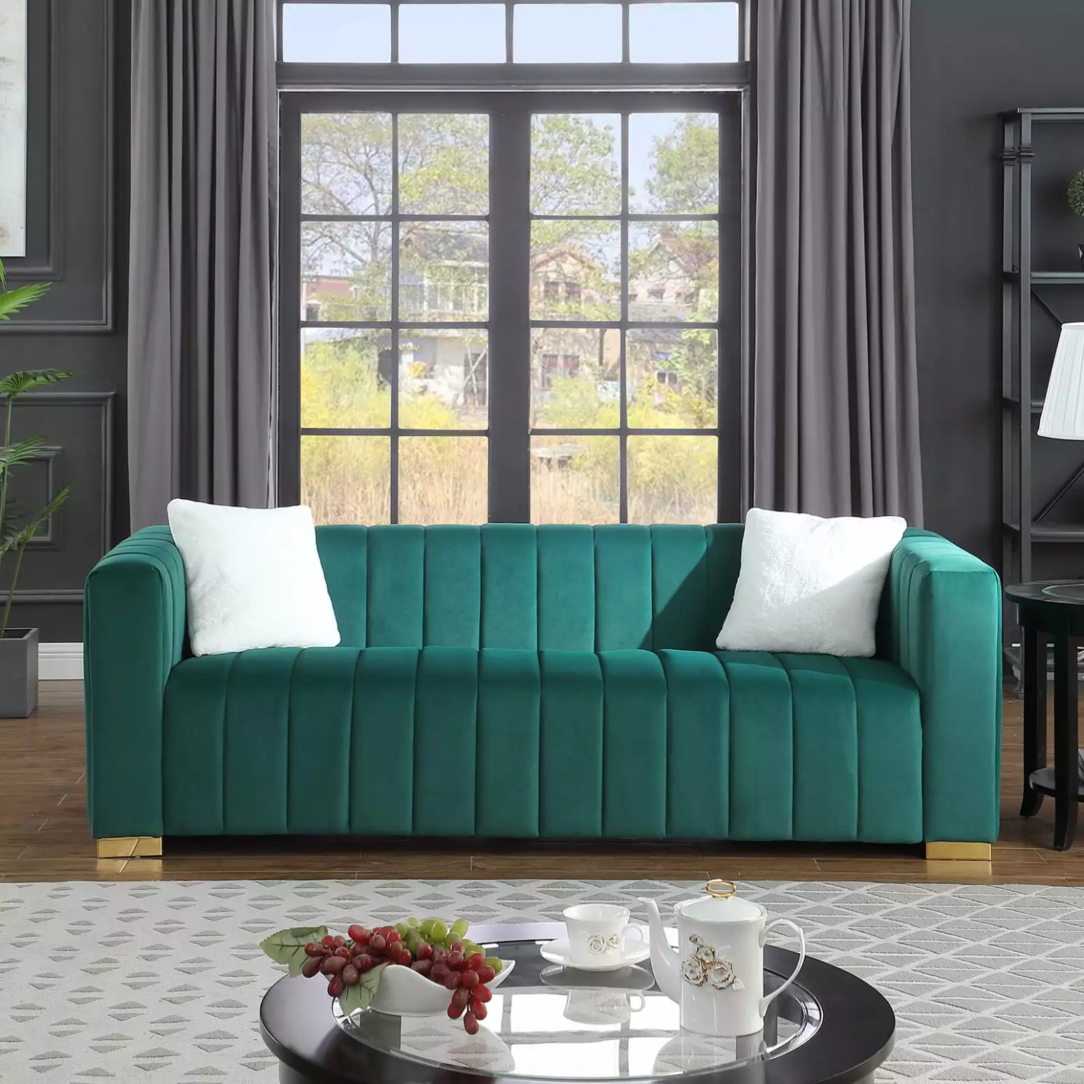 Modern Dark Green 3-Seater Chesterfield Style Sofa Channel Tufting and Plush Foam Cushions HATNOKIL