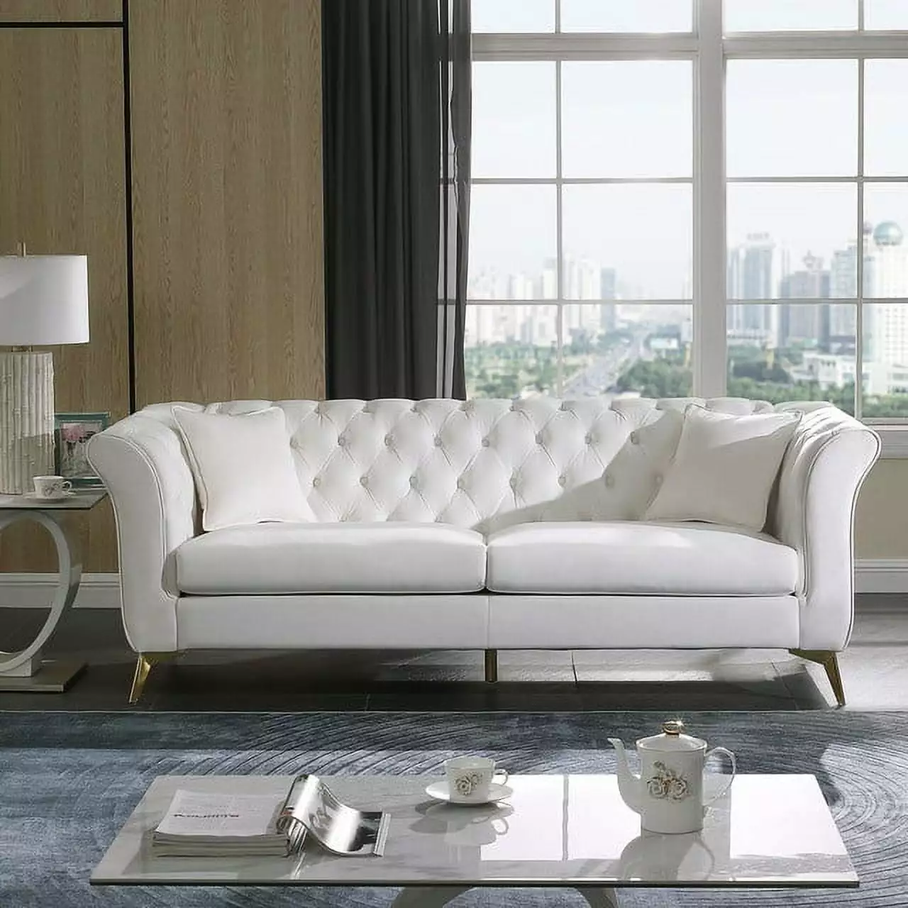 White Chesterfield Stanford Sofa Premium Velvet Golden Legs HATNOKIL