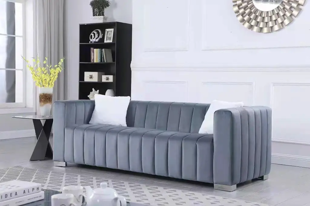 Modern Channel Sofa Take On Traditional Chesterfield Grey Color 3 Seater homarni furnishings inc.---w1099