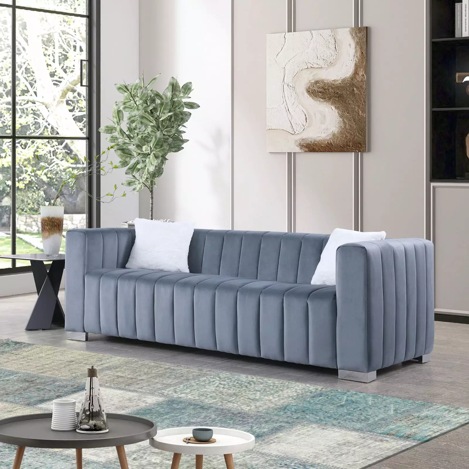 Miekor Furniture Modern Channel Tufted Chesterfield Style 3-Seater Sofa Grey 00013