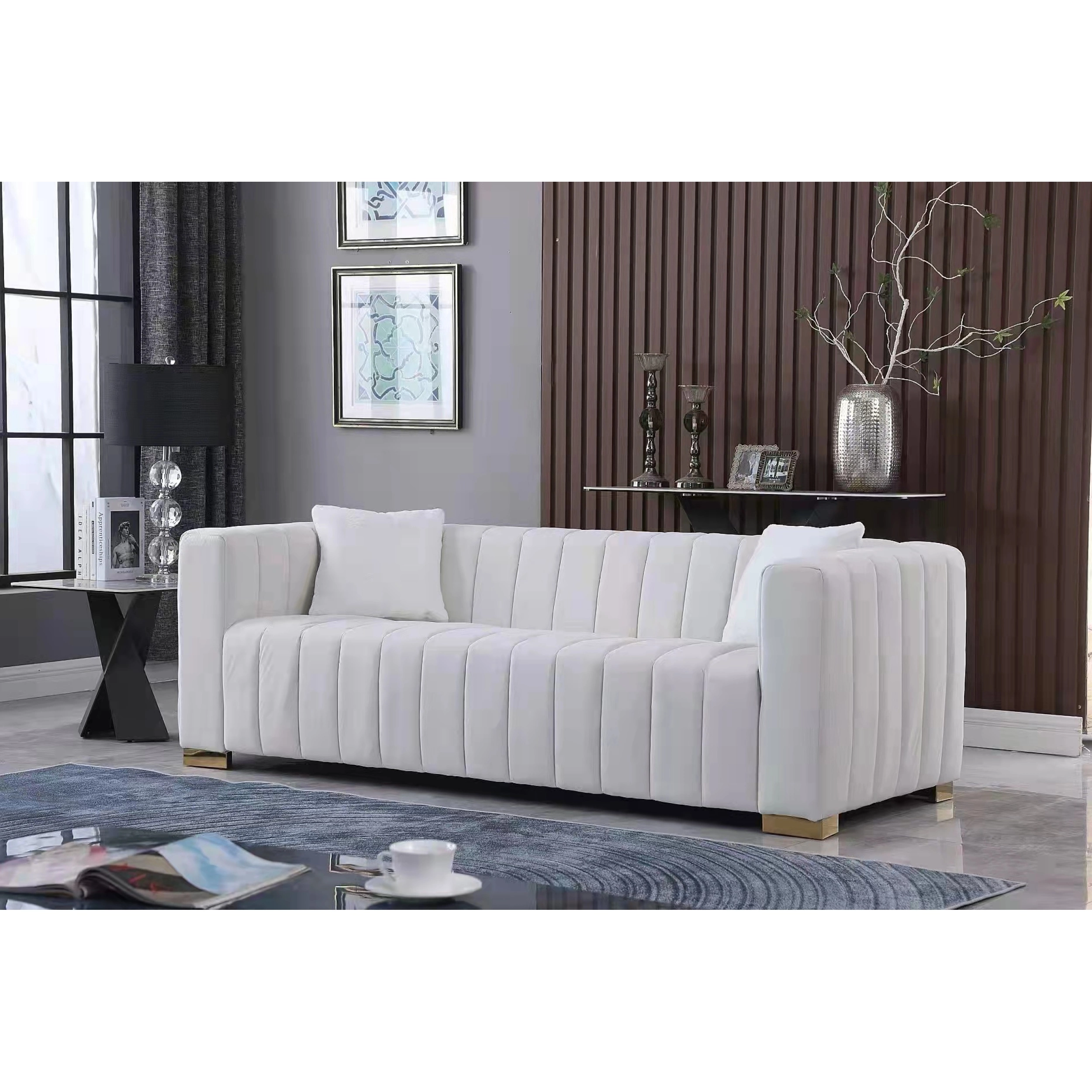 Modern White Channel Tufted Chesterfield Style 3-Seater Sofa Elegant Living Room Furniture 00015 Miekor