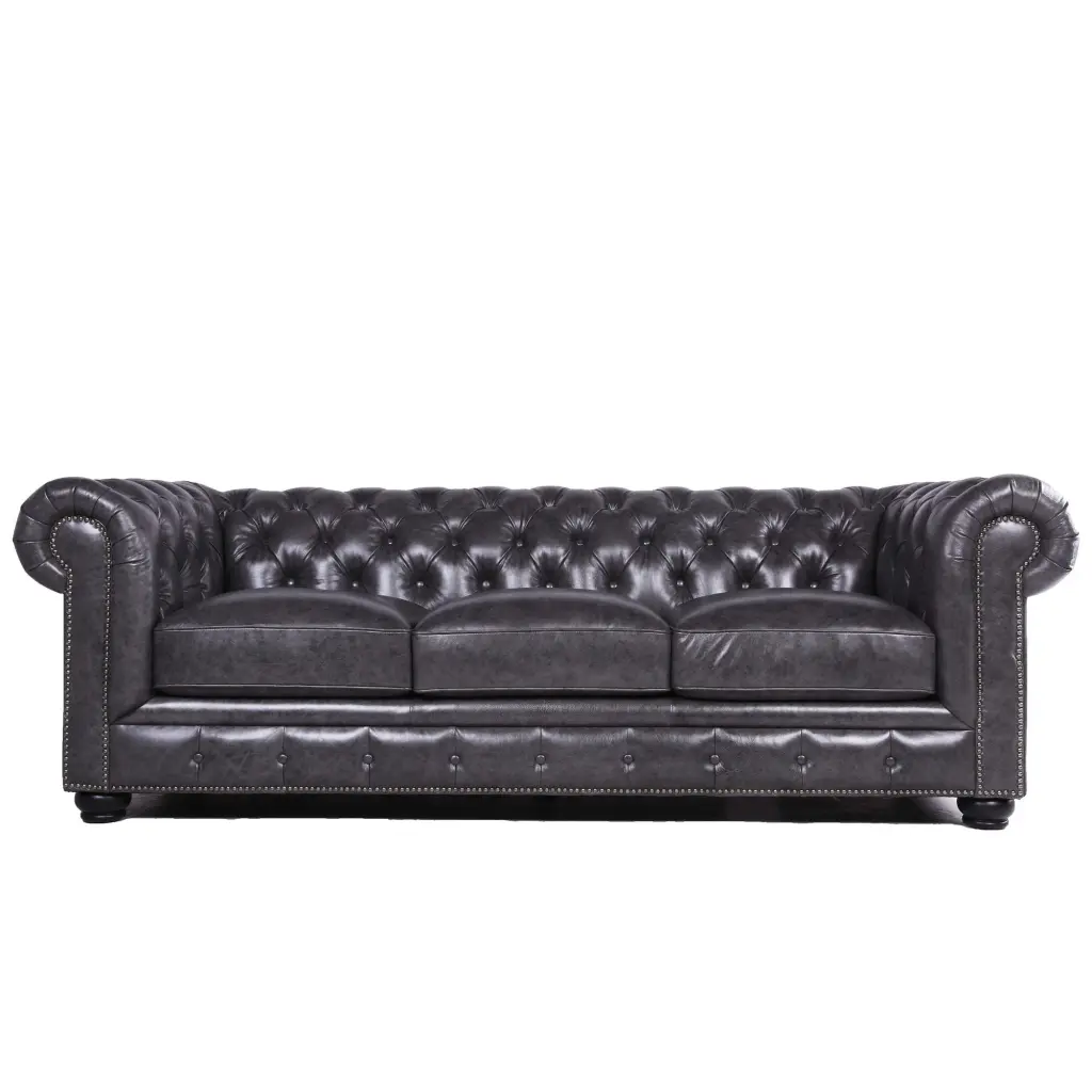 Traditional Tufted Leather Chesterfield Sofa Gray Leather 3 Seat - Classic Living Room Couch prime leather co.