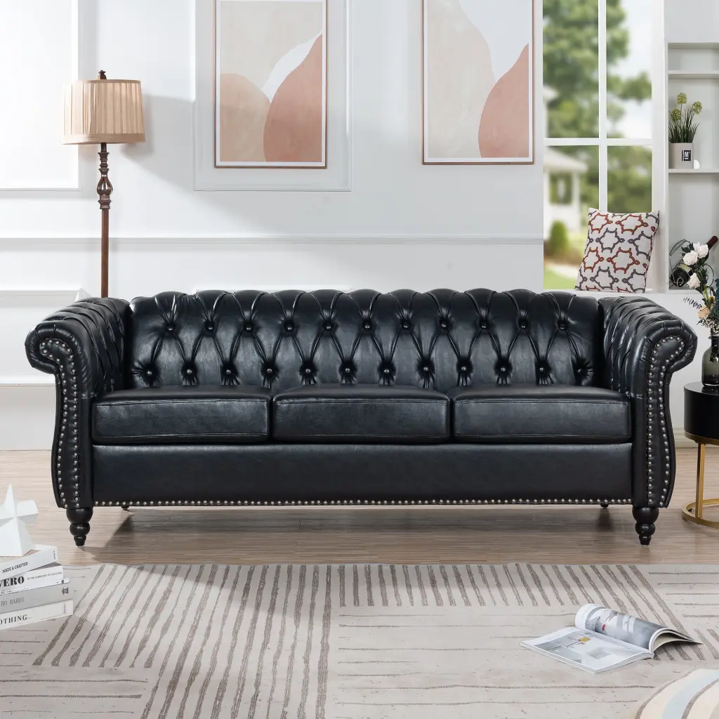84.65 Inch Black Pu Rolled Arm Chesterfield Three Seater Sofa Black Foam rnb