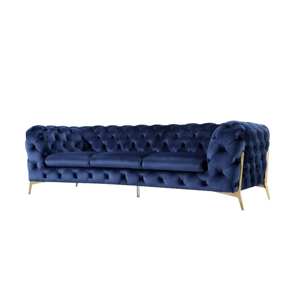 Reno Joni 97 Inch Modern Sofa Chesterfield Velour Fabric Blue Gold royal hampton