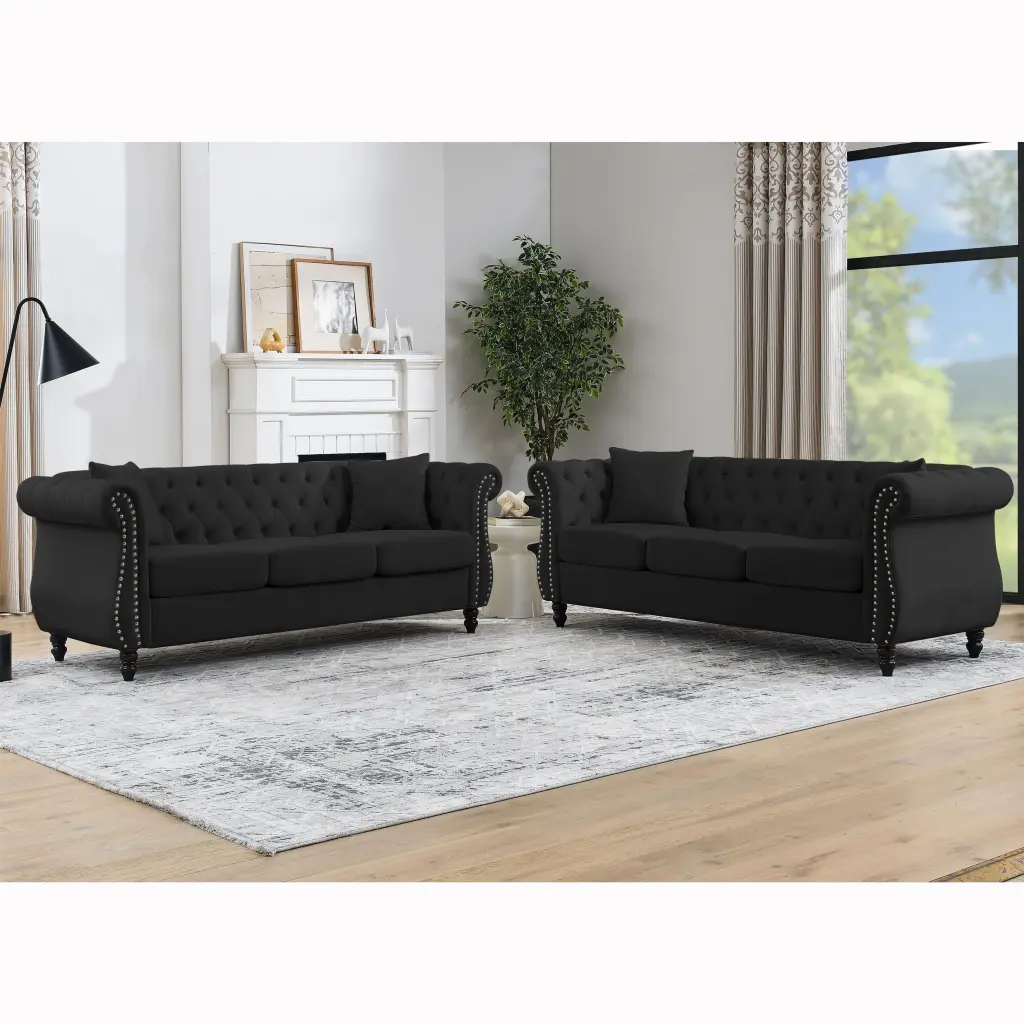 80 Chesterfield Sofa Black Velvet Living Room 3 Seater Sofa welike furniture