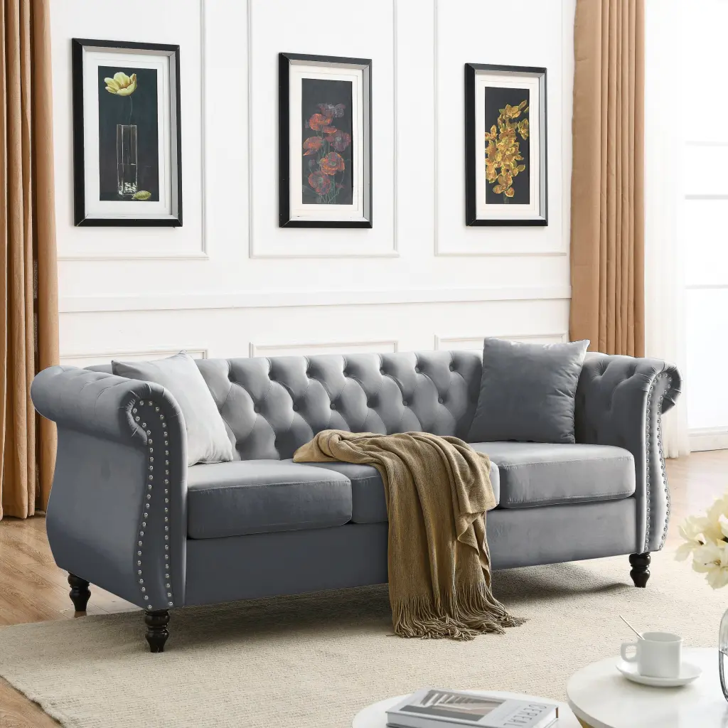 80 Chesterfield Sofa Grey Velvet 3 Seater Sofa Living Room welike furniture