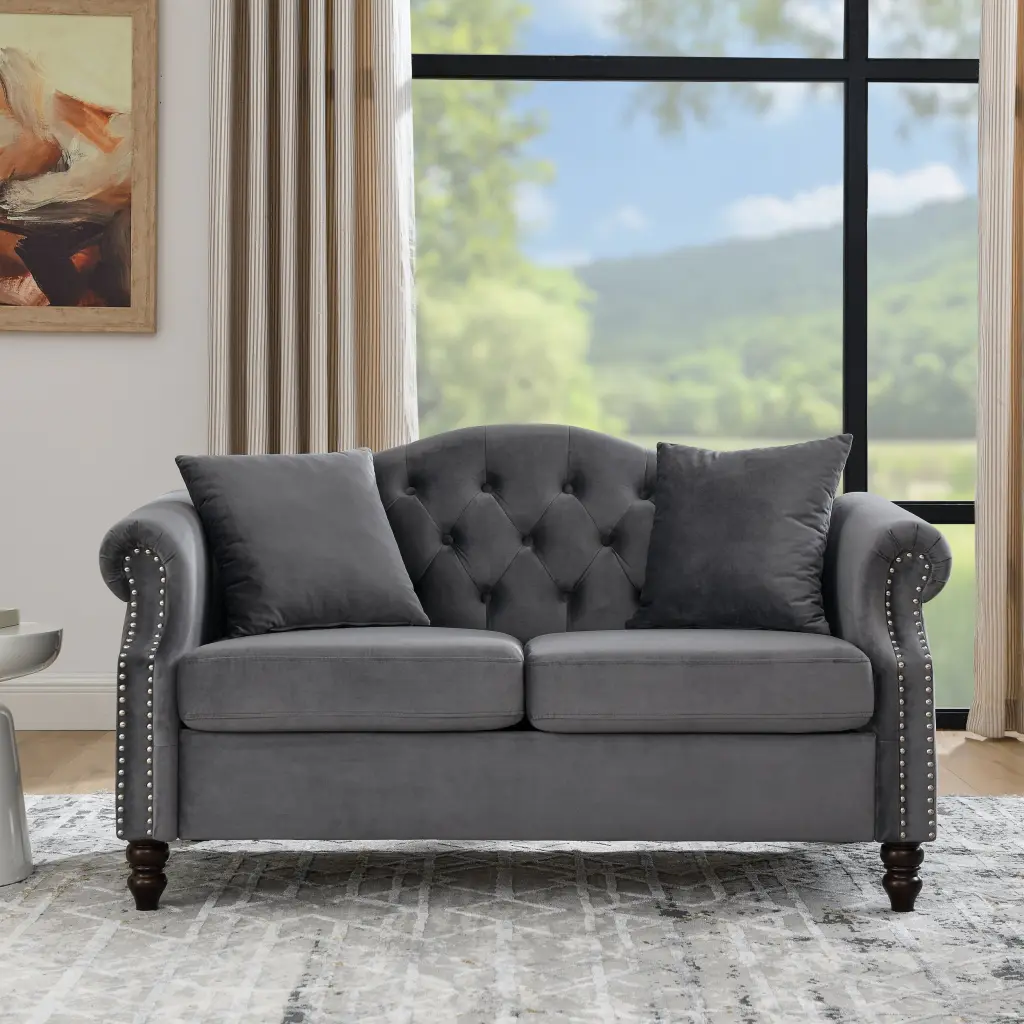 57 Chesterfield Sofa Grey Velvet 2 Seater Tufted Living Room Couch welike furniture