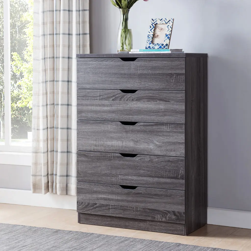 Modern Grey Five Drawer Clothes and Storage Chest Faux Wood Grain id international- inc.