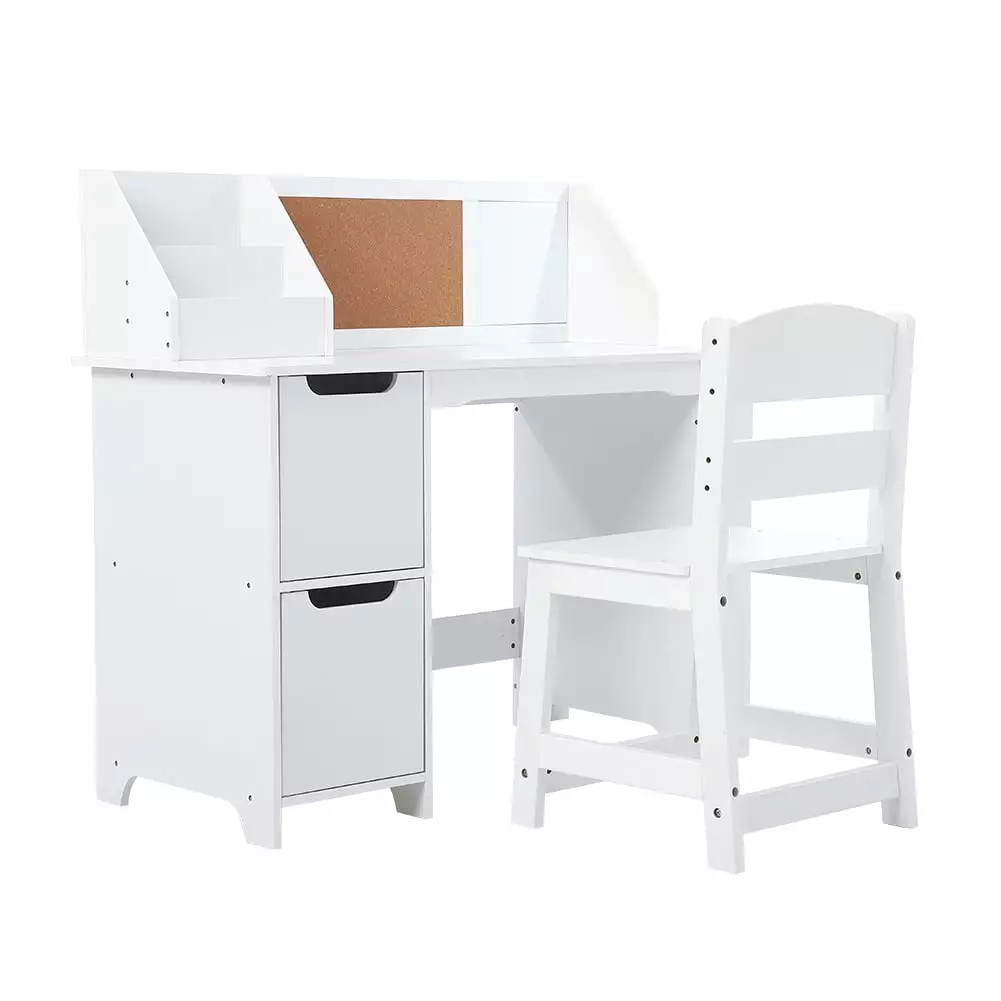 White Childrens Writing Desk Student Study Table Chair Set Shelf and Cabinet Ideal Boys and Girls Ages 3-8 Joyspirit