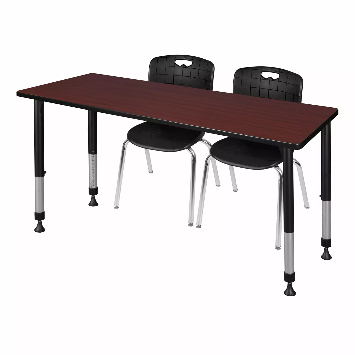 Regency Kee Height Adjustable Classroom Table 60 x 24 Mahogany 2 Black Stack Chairs