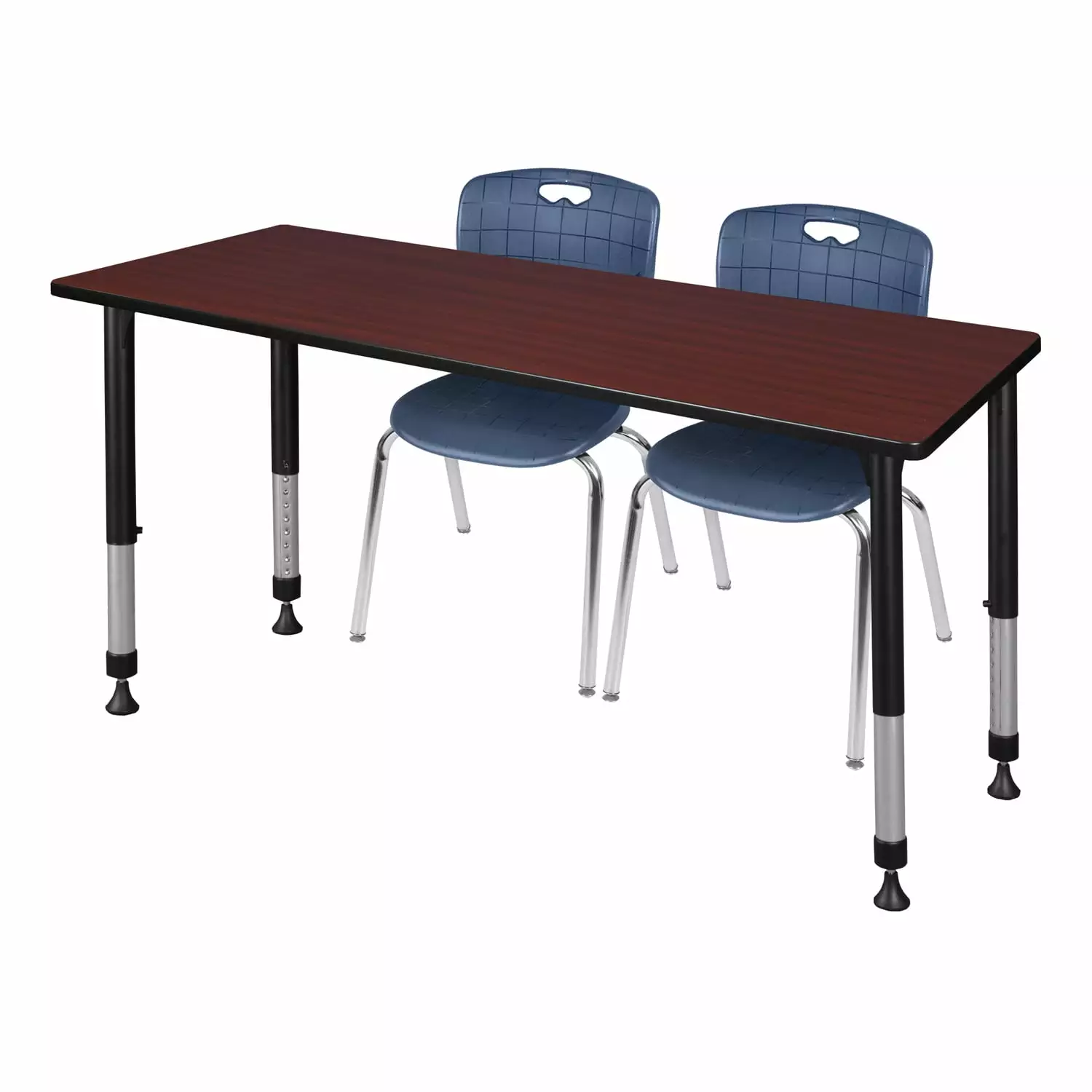Regency 66 x 30 . Kee Height Adjustable Classroom Table Mahogany 2 Navy Blue Stack Chairs