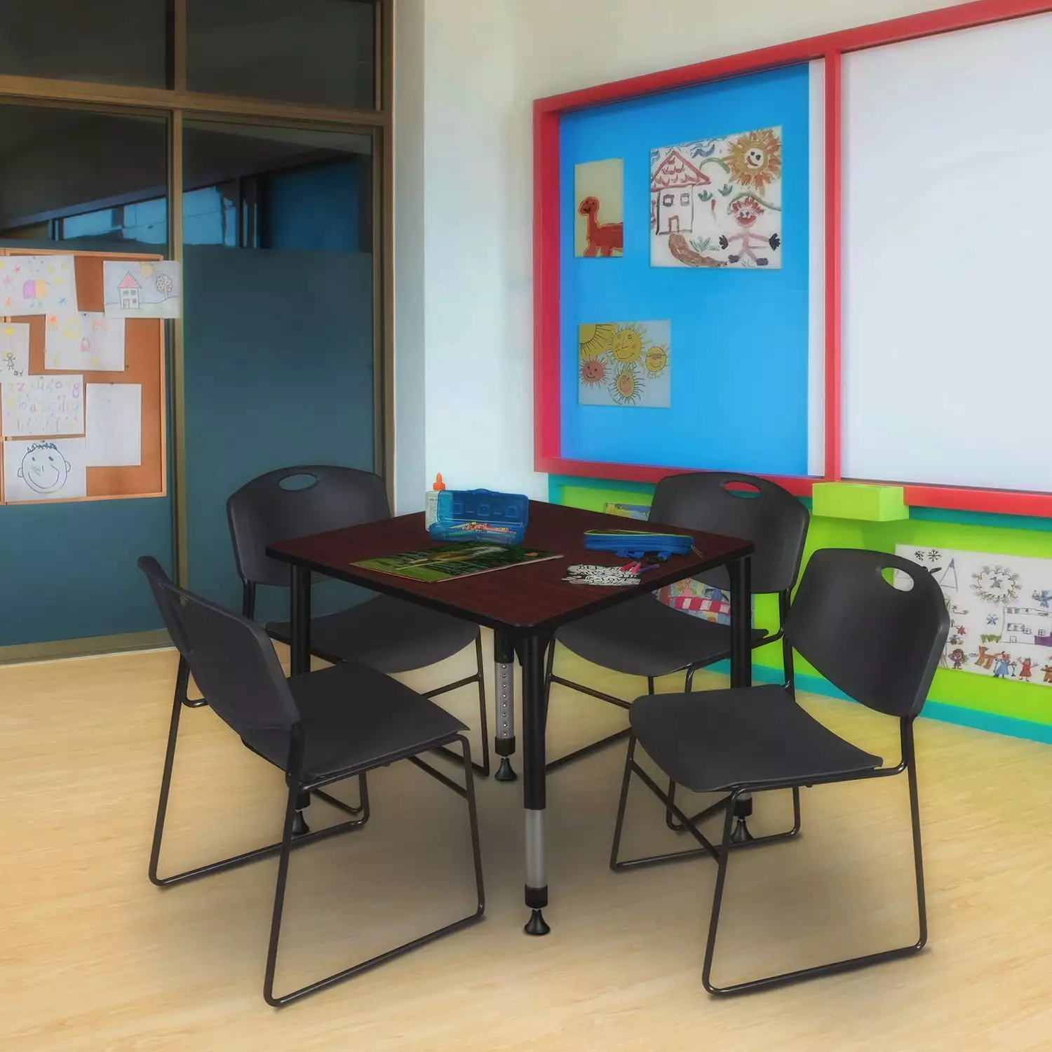 Regency Kee 30 Square Height Adjustable Classroom Table Mahogany 4 Zeng Stack Chairs