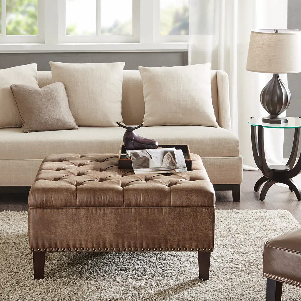 Tufted Square Cocktail Ottoman Brown Wood Base jla