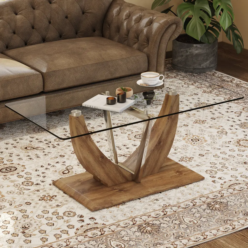 Modern Minimalist Transparent Tempered Glass Coffee Table Wooden Frame droom w-1151