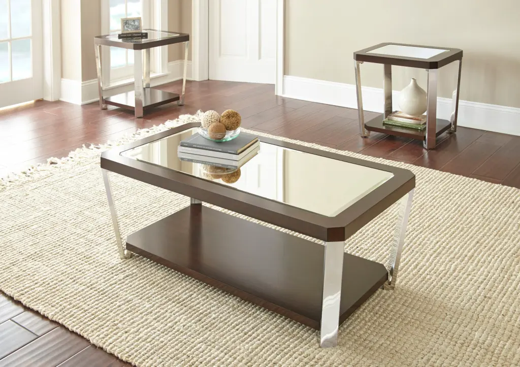 Sophisticated Cocktail Table Gatherion Espresso Finish Mirrored Tops Living Room steve silver furniture