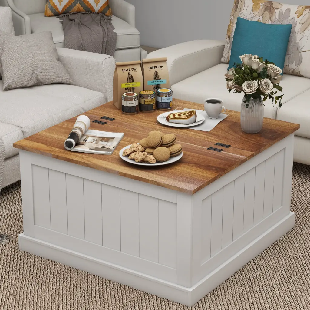 31.5 Inch Farmhouse Coffee Table Square Wood Center Table Hinged Lift Top cl worthy houseware co.-ltd.