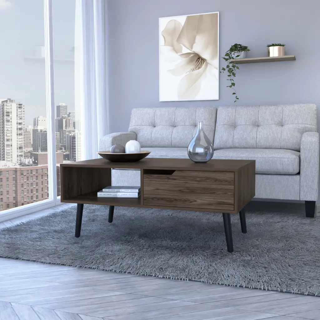 Coffee Table Bull One Drawer One Open Shelf and Four Legs Dark Walnut treevol furniture