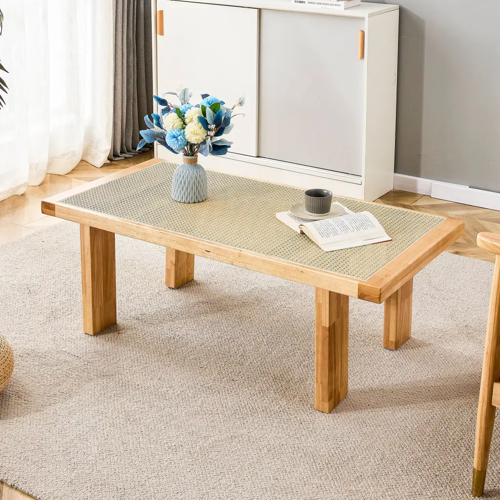Modern Minimalist Rectangular Rattan Tabletop Rubber Wooden Legs droom w-1151
