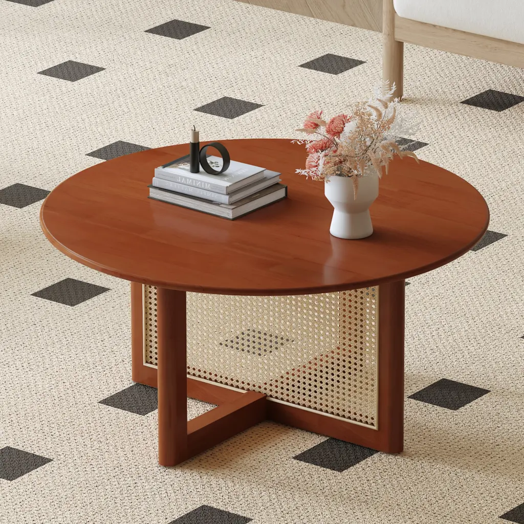 Natural Elegant Deep Red Wooden Coffee Table Artificial Rattan droom w-1151