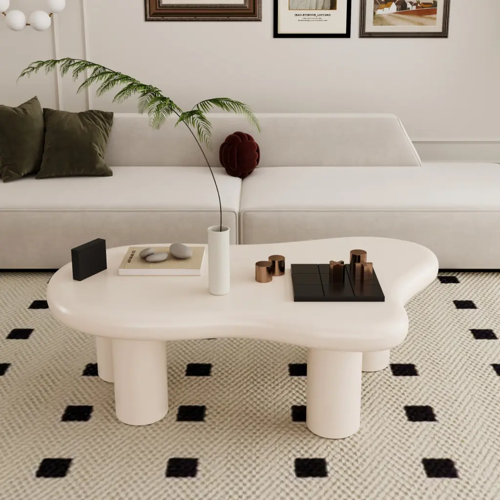 47 Inch Cream Cloud Influenced Coffee Table Living Room Cream White Premium fs furniture