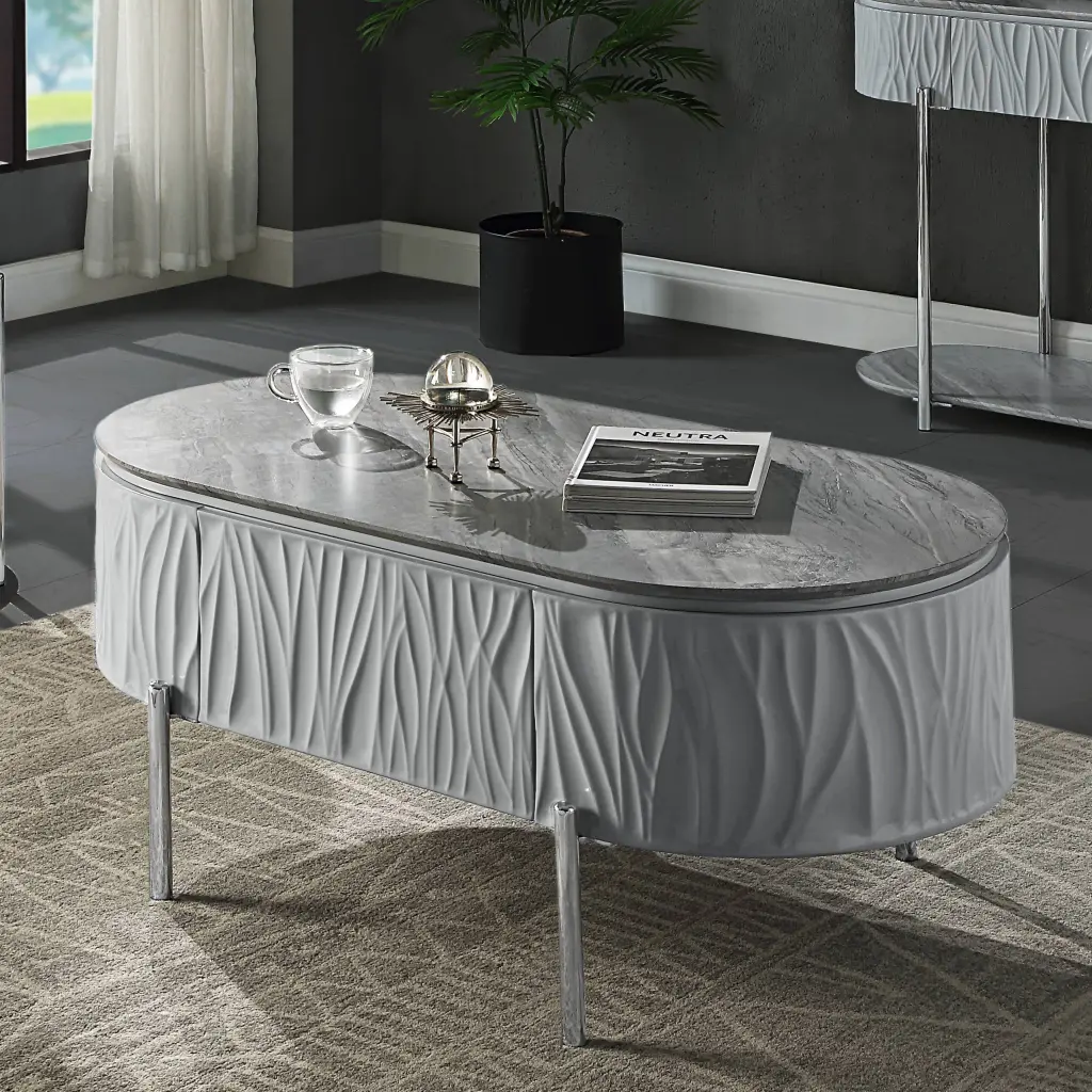 Grey High Gloss Chrome Coffee Table Living Room Silver Finish furniture max