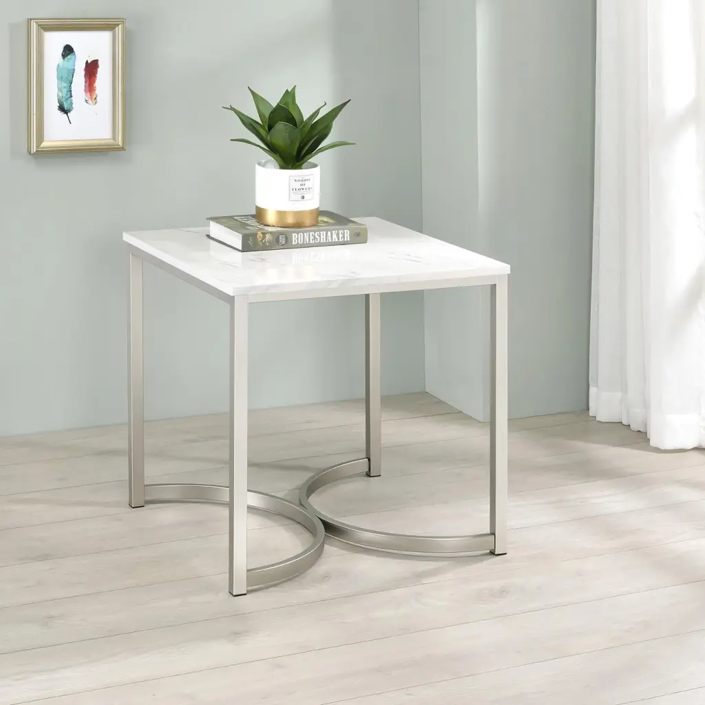 White Faux Marble And Satin Nickel Coffee Table Modern Living Room furniture max