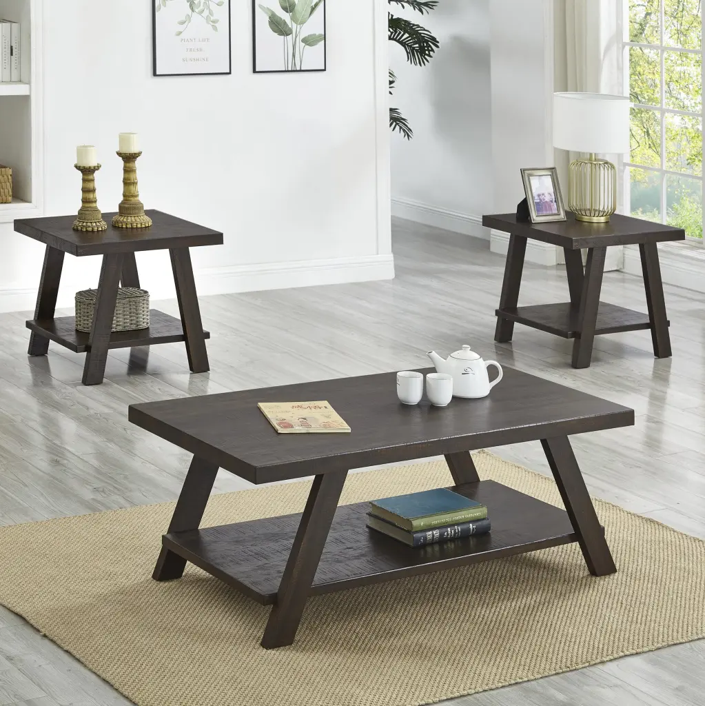 Athens Contemporary 3 Piece Wood Shelf Coffee Table Set Weathered Elegant Design hz