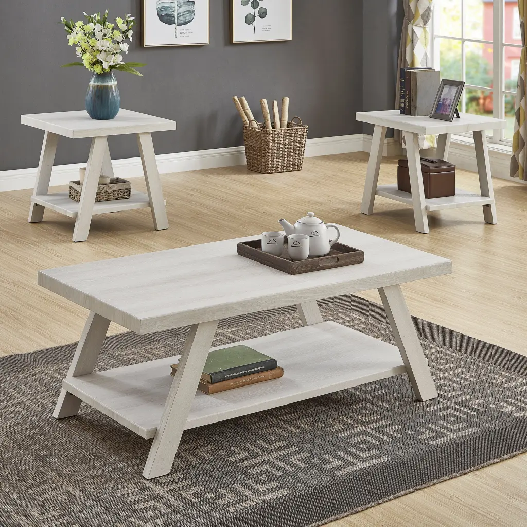 Athens Contemporary Wood Shelf Coffee Table Set White Finish Modern Living Room Furniture hz