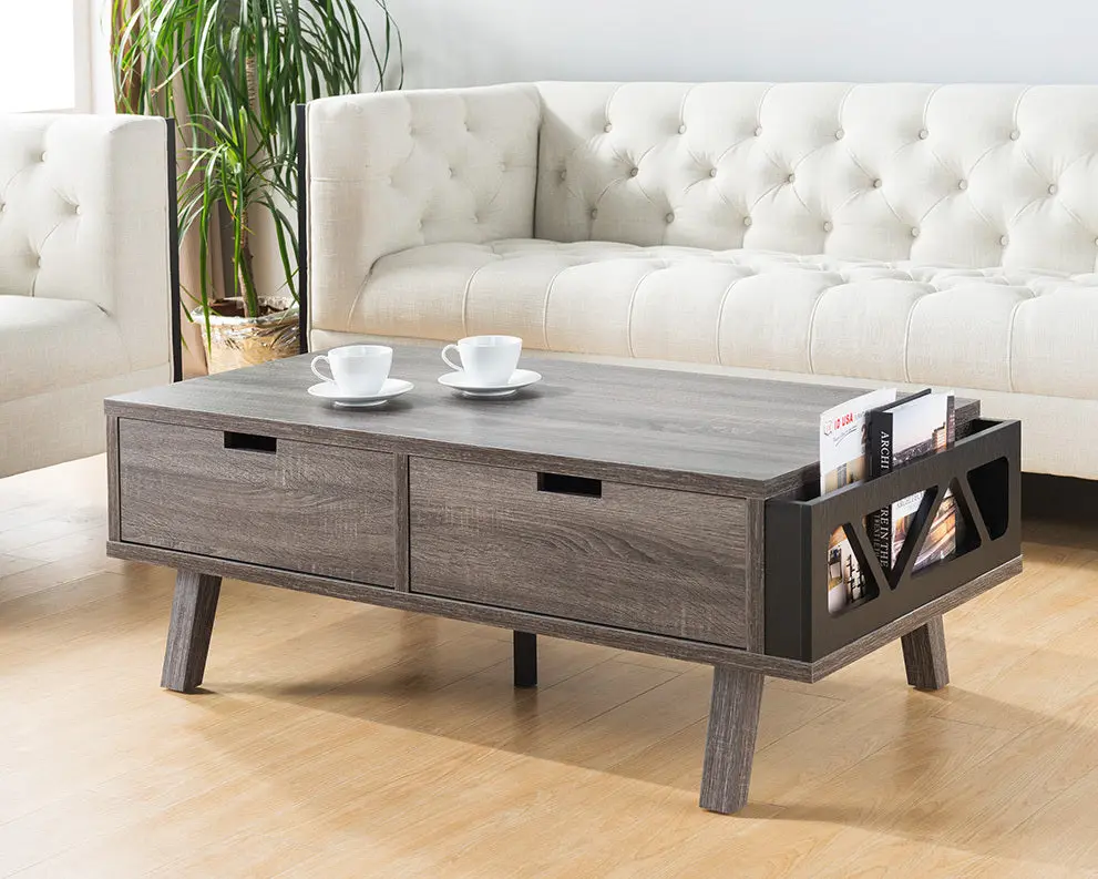 Antique Wooden Living Room Coffee Table Two Storage Drawers Distressed Finish id international- inc.