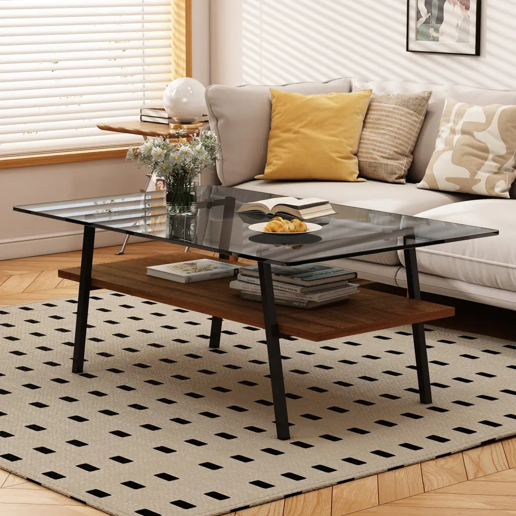 Rectangle Coffee Table Tempered Glass Tabletop Black Metal Legs jws-w241