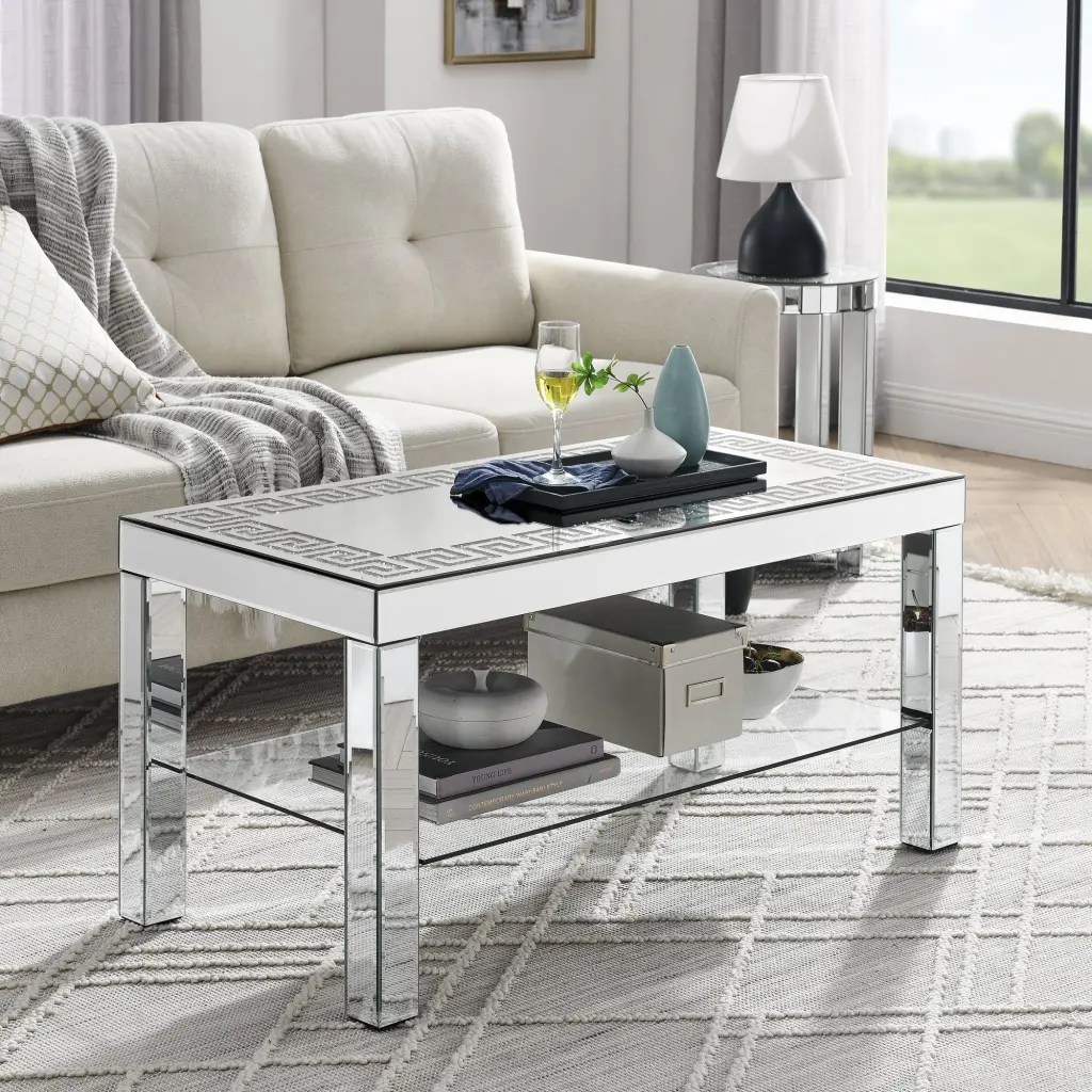 40x20x20 Inch Curved Border Carved Mirror Coffee Table Silver kai lee- mirror arts-furniture factory